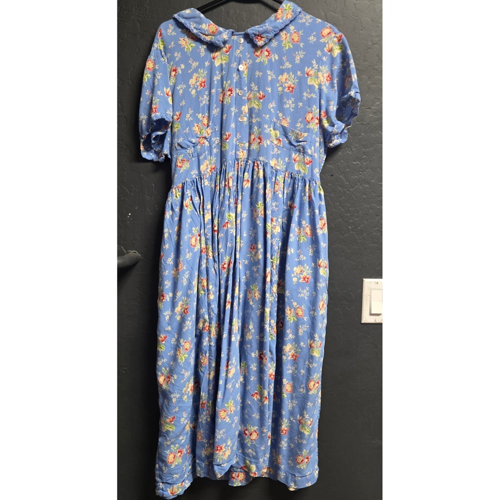 Vintage 90's April Cornell Blue Floral Midi Dress with Multicolor Blooms XL